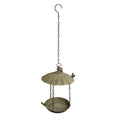 22nice4me Garden Statues antique grey metal hanging bird feeder with two decorative wrens and a scalloped roof