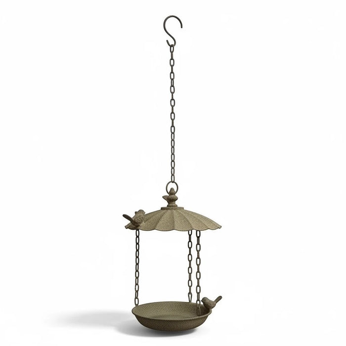 22nice4me Garden Statues antique grey metal hanging bird feeder with two decorative wrens and a scalloped roof