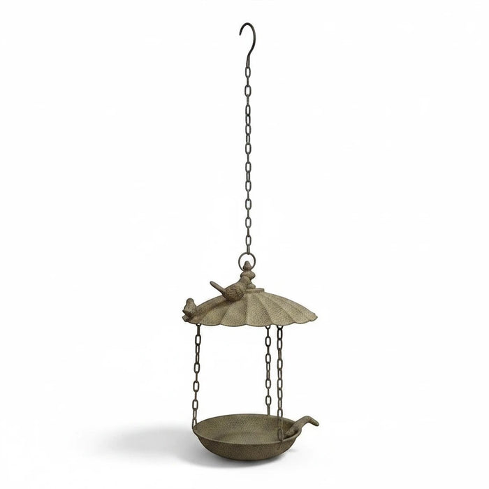 22nice4me Garden Statues antique grey metal hanging bird feeder with two decorative wrens and a chain