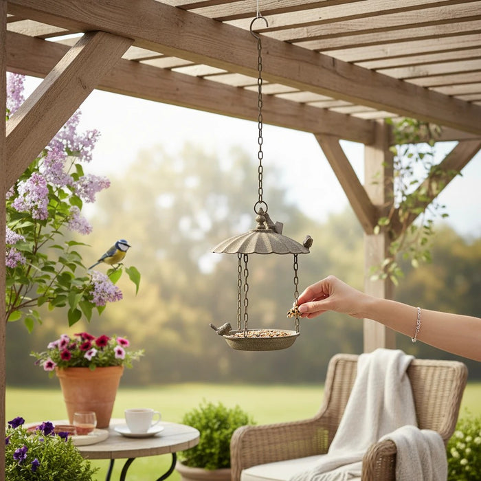 22nice4me Garden Statues antique grey metal hanging bird feeder with wren accents being filled in a garden setting