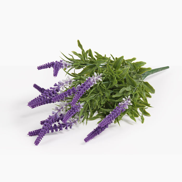 A bouquet of artificial lavender stems with purple flowers and green leaves, arranged on a plain white background.