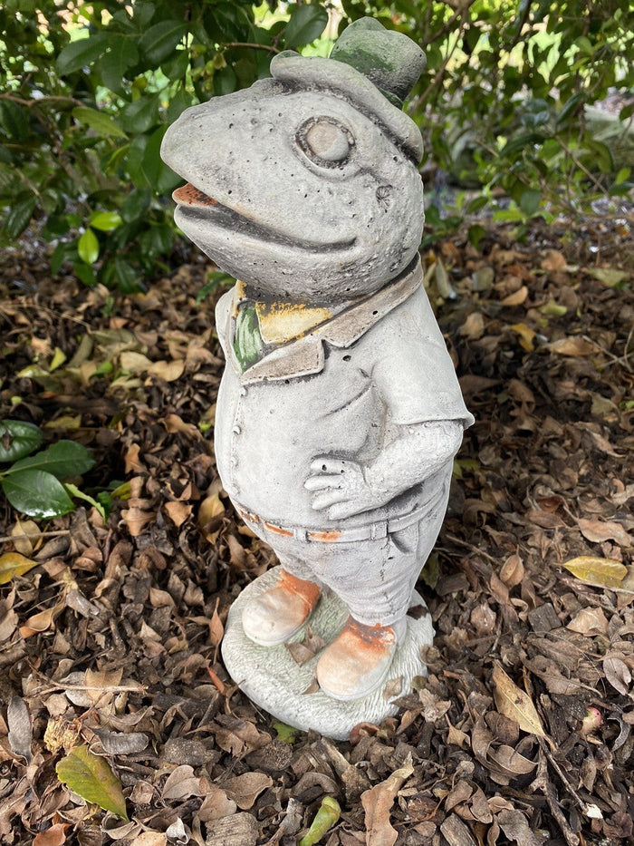 22nice4me Garden Statues Willow frog Mr Fisher concrete garden ornament with hand-painted details in a garden setting