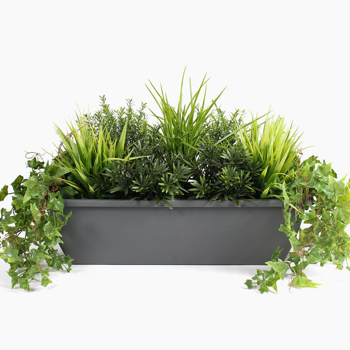 Artificial woodland greens window box arrangement